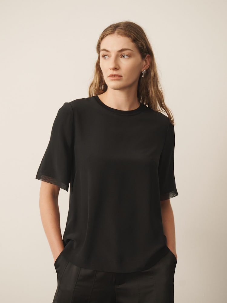CERENE Lilian Black Silk Mesh Trim T-Shirt - Image 1 of 11 CERENE Lilian Black Silk Mesh Trim T-Shirt - Image 1 of 11