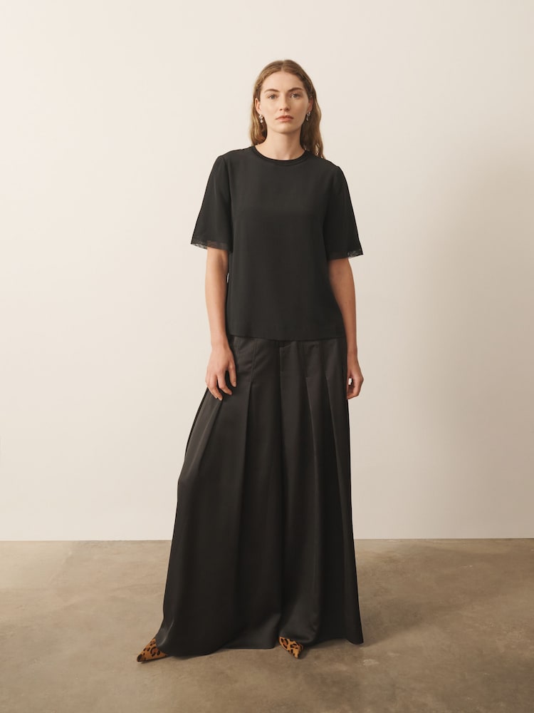 CERENE Lilian Black Silk Mesh Trim T-Shirt - Image 2 of 11 CERENE Lilian Black Silk Mesh Trim T-Shirt - Image 2 of 11