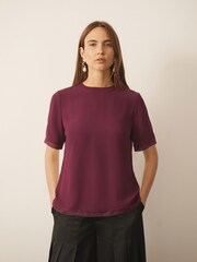 CERENE Lilian Burgundy Red Silk Mesh Trim T-Shirt - Image 1 of 9