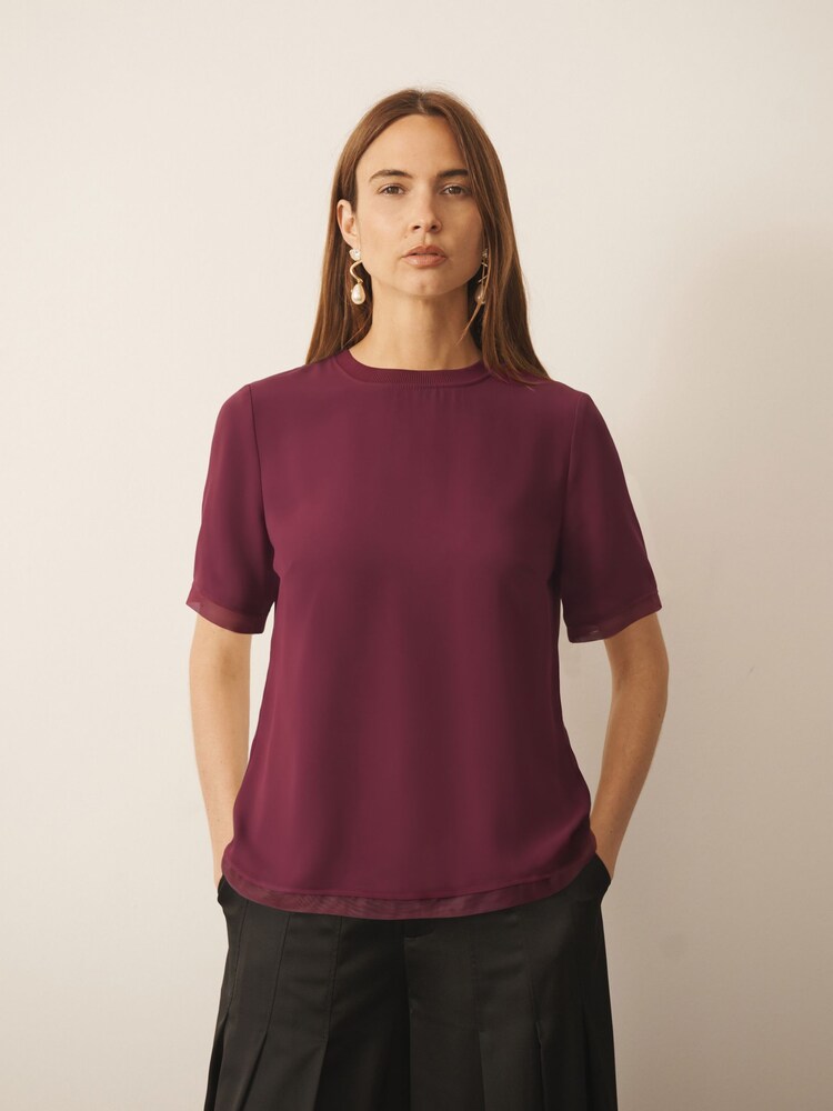 CERENE Lilian Burgundy Red Silk Mesh Trim T-Shirt - Image 1 of 9