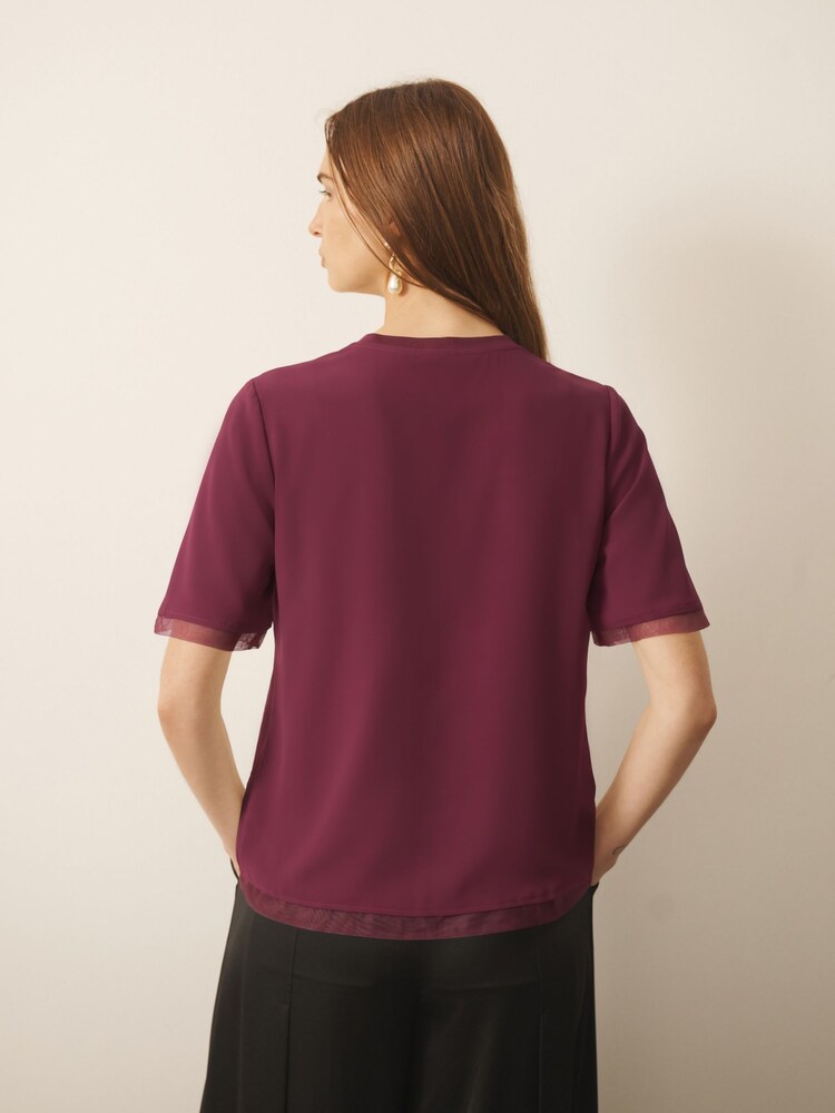 CERENE Lilian Burgundy Red Silk Mesh Trim T-Shirt - Image 2 of 9