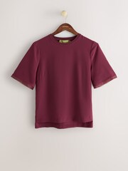 CERENE Lilian Burgundy Red Silk Mesh Trim T-Shirt - Image 5 of 9