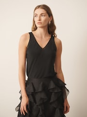 CERENE Rose Black Silk Mesh Trim V-Neck Camisole - Image 1 of 9