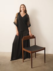 CERENE Rose Black Silk Mesh Trim V-Neck Camisole - Image 2 of 9