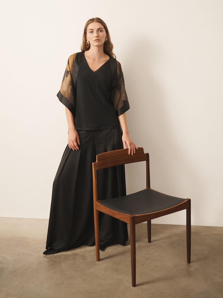 CERENE Rose Black Silk Mesh Trim V-Neck Camisole - Image 2 of 9 CERENE Rose Black Silk Mesh Trim V-Neck Camisole - Image 2 of 9