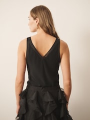 CERENE Rose Black Silk Mesh Trim V-Neck Camisole - Image 4 of 9