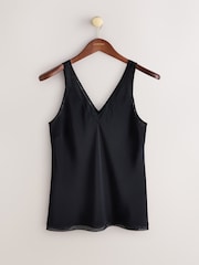 CERENE Rose Black Silk Mesh Trim V-Neck Camisole - Image 5 of 9