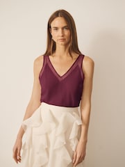 CERENE Rose Burgundy Red Silk Mesh Trim V-Neck Camisole - Image 1 of 9