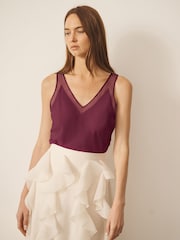 CERENE Rose Burgundy Red Silk Mesh Trim V-Neck Camisole - Image 2 of 9