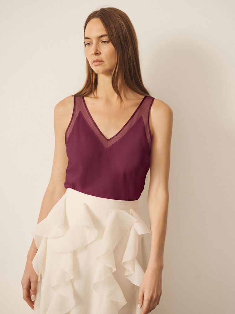 CERENE Rose Burgundy Red Silk Mesh Trim V-Neck Camisole - Image 2 of 9