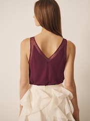 CERENE Rose Burgundy Red Silk Mesh Trim V-Neck Camisole - Image 3 of 9