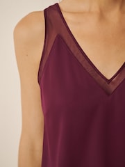 CERENE Rose Burgundy Red Silk Mesh Trim V-Neck Camisole - Image 4 of 9