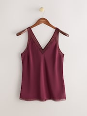 CERENE Rose Burgundy Red Silk Mesh Trim V-Neck Camisole - Image 5 of 9