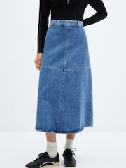 Mango Blue A-Line Denim Midi Skirt - Image 1 of 6