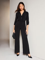 Lipsy Black Petite Jersey Button Through Belted Wide Leg JumpsuiT - Image 1 of 1