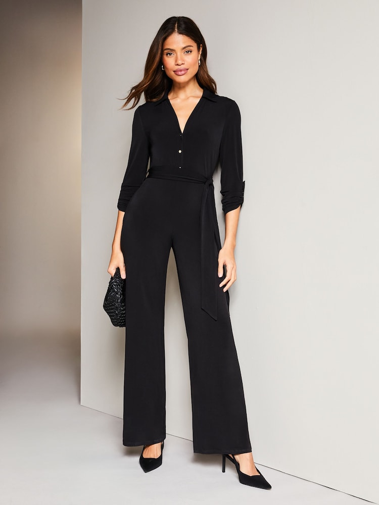Lipsy Black Petite Jersey Button Through Belted Wide Leg JumpsuiT - Image 1 of 1 Lipsy Black Petite Jersey Button Through Belted Wide Leg JumpsuiT - Image 1 of 1