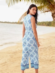 Lipsy Blue Petite Sleeveless Printed Summer Holiday Crinkle Culotte Jumpsuit - Image 3 of 4