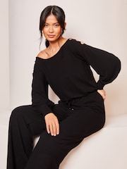 Lipsy Black Cosy Off The Shoulder Long Sleeve Jumpsuit - Image 4 of 4