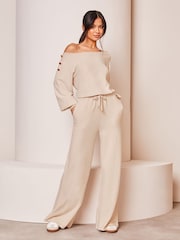 Lipsy Cream Cosy Off The Shoulder Long Sleeve Jumpsuit - Image 1 of 4