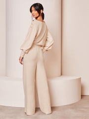 Lipsy Cream Cosy Off The Shoulder Long Sleeve Jumpsuit - Image 2 of 4