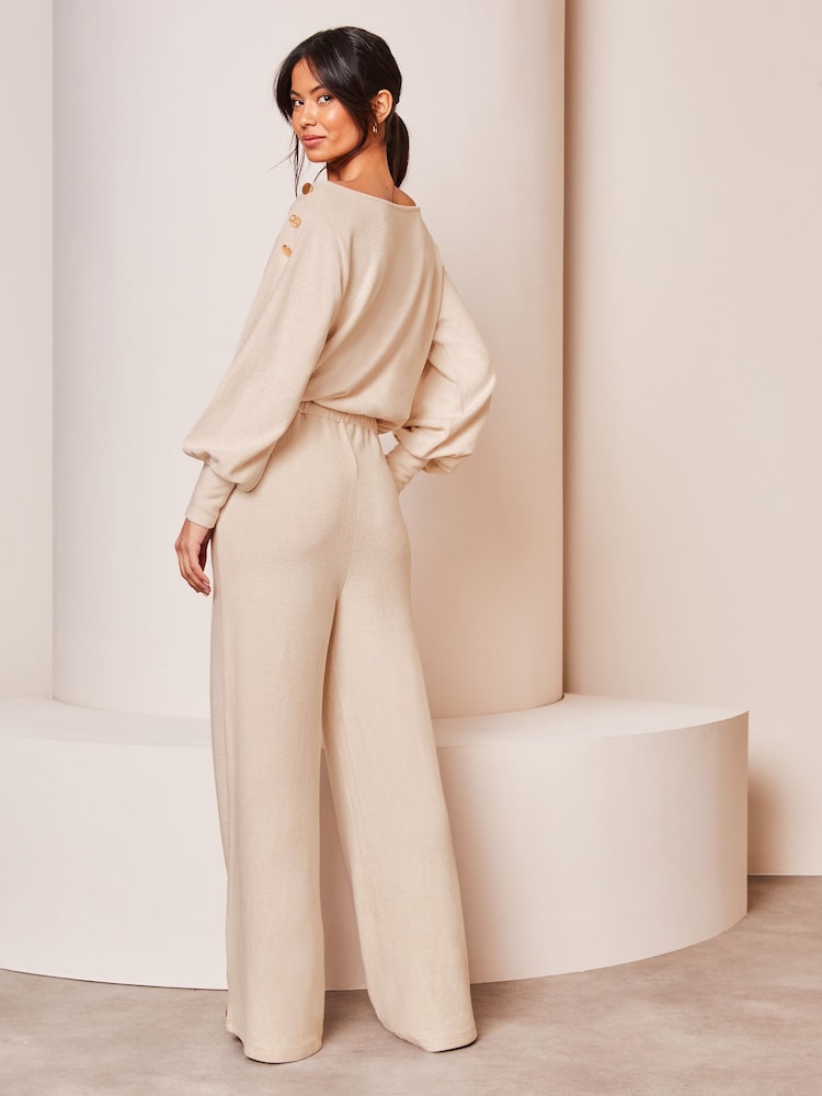 Lipsy Cream Cosy Off The Shoulder Long Sleeve Jumpsuit - Image 2 of 4