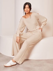 Lipsy Cream Cosy Off The Shoulder Long Sleeve Jumpsuit - Image 3 of 4