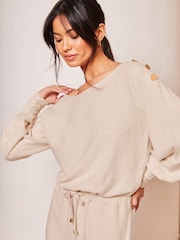 Lipsy Cream Cosy Off The Shoulder Long Sleeve Jumpsuit - Image 4 of 4