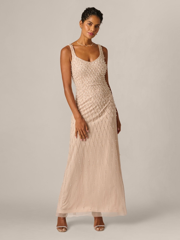 Adrianna Papell Pink Bead Mesh Long Dress - Image 1 of 6