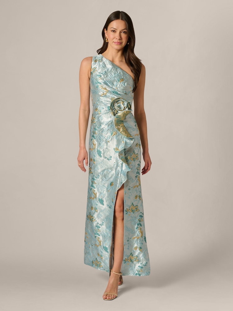 Adrianna Papell Blue Metallic Jacquard Rose Gown - Image 1 of 6