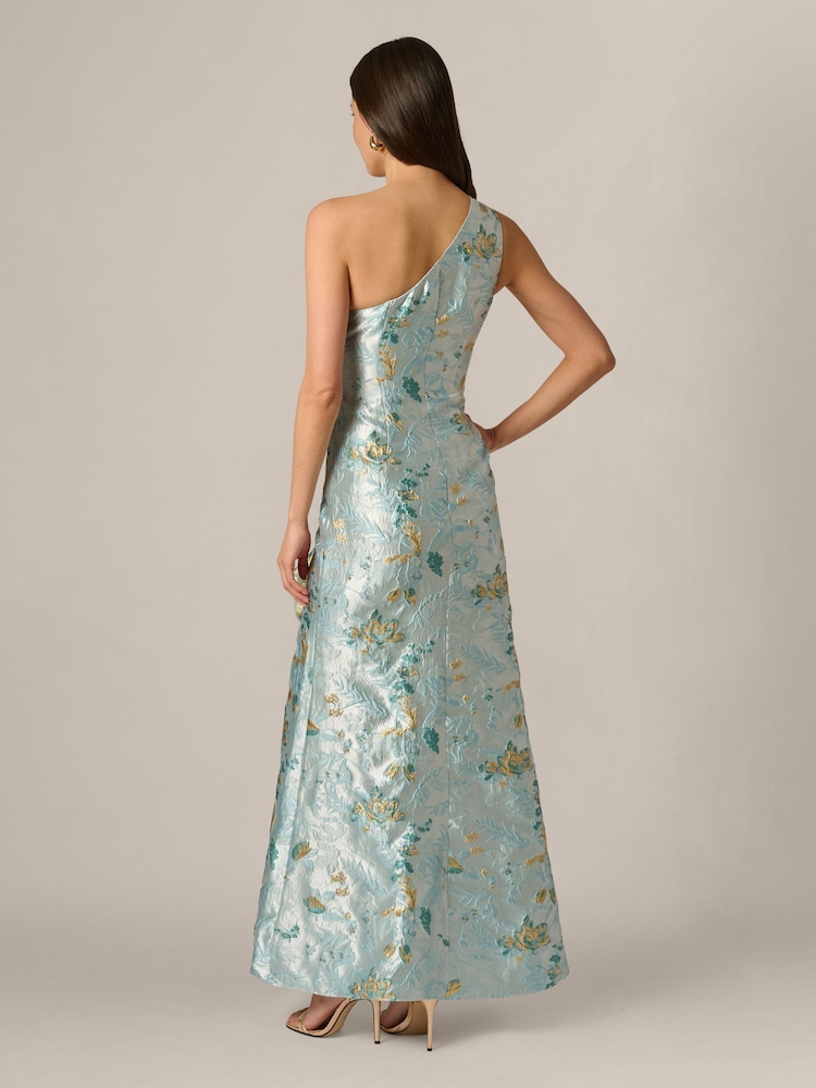 Adrianna Papell Blue Metallic Jacquard Rose Gown - Image 2 of 6