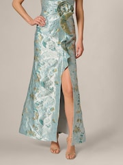 Adrianna Papell Blue Metallic Jacquard Rose Gown - Image 5 of 6