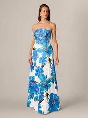 Adrianna Papell Blue Bead Dupioni Long Dress - Image 1 of 6