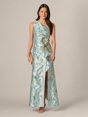 Adrianna Papell Blue Petite Metallic Jacquard Rose Gown - Image 3 of 6