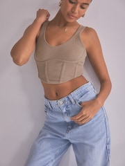 self. Taupe Scoop Neck Ribbed Jersey Corset Top - Image 1 of 8