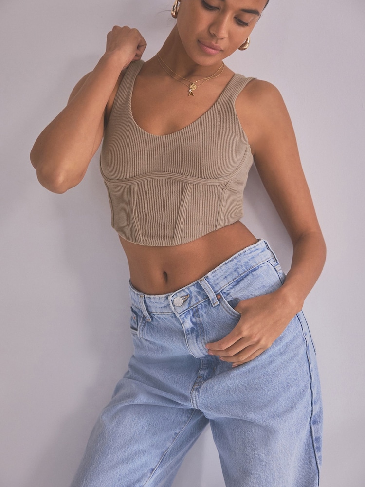 self. Taupe Scoop Neck Ribbed Jersey Corset Top - Image 1 of 8