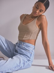 self. Taupe Scoop Neck Ribbed Jersey Corset Top - Image 3 of 8