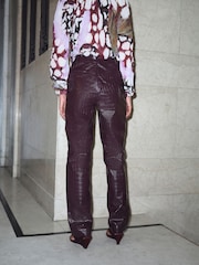 Burgundy Red Croc Texture Faux Leather Wide Leg Trousers - Image 3 of 8