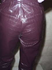 Burgundy Red Croc Texture Faux Leather Wide Leg Trousers - Image 4 of 8