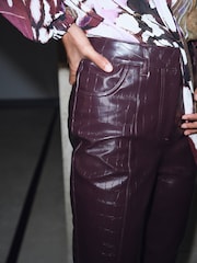 Burgundy Red Croc Texture Faux Leather Wide Leg Trousers - Image 5 of 8