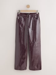 Burgundy Red Croc Texture Faux Leather Wide Leg Trousers - Image 6 of 8
