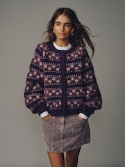 Burgundy Red Long Sleeve Crew Neck Bomber Cardigan - Image 1 of 5