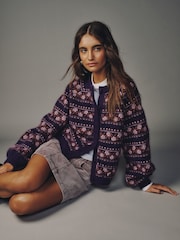 Burgundy Red Long Sleeve Crew Neck Bomber Cardigan - Image 3 of 5