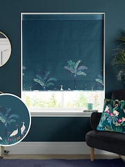 Sara Miller Teal Green Heron Border Made to Measure Roman 100% Cotton Blind - Image 1 of 5
