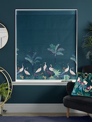 Sara Miller Teal Green Heron Border Made to Measure Roman 100% Cotton Blind - Image 2 of 5