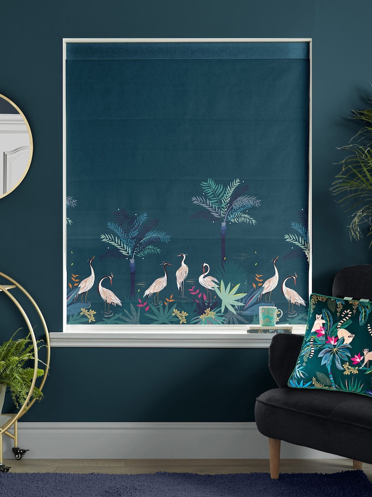 Sara Miller Teal Green Heron Border Made to Measure Roman 100% Cotton Blind - Image 2 of 5