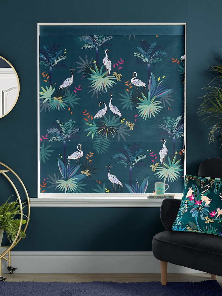 Sara Miller Teal Green Heron Made to Measure 100% Cotton Roman Blinds - Image 1 of 6