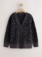 Impression Léopard Gris - Mid Length Long Sleeve Cardigan with Wool - Image 1 de 3