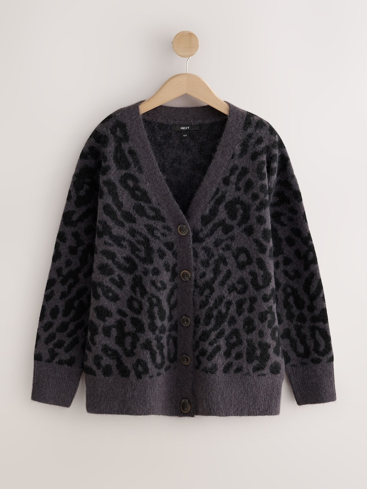 Impression Léopard Gris - Mid Length Long Sleeve Cardigan with Wool - Image 1 de 3 Impression Léopard Gris - Mid Length Long Sleeve Cardigan with Wool - Image 1 de 3