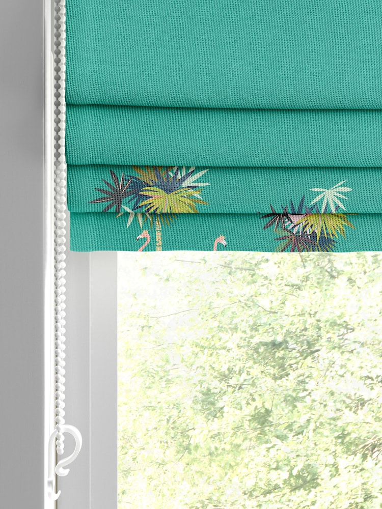 Sara Miller Green Flamingo Border Made to Measure Roman 100% Cotton Blind - Image 2 of 6