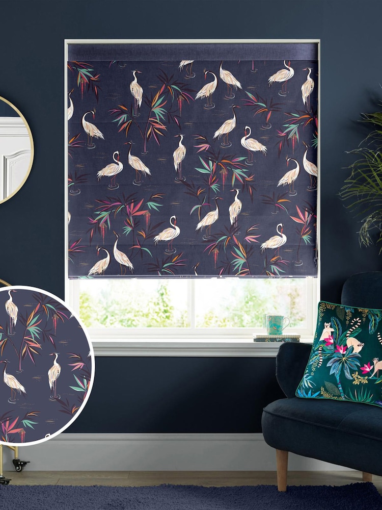Sara Miller Smoke Blue Heron Made to Measure Roman 100% Cotton Blind - Image 1 of 6